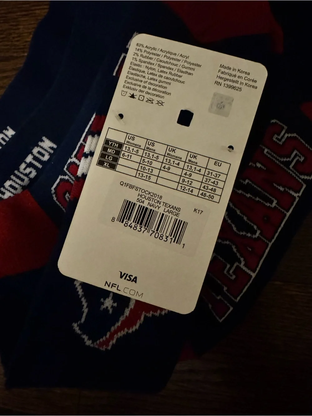 NFL Houston Texans Crew Socks - Size Large NWT - 5 pairs